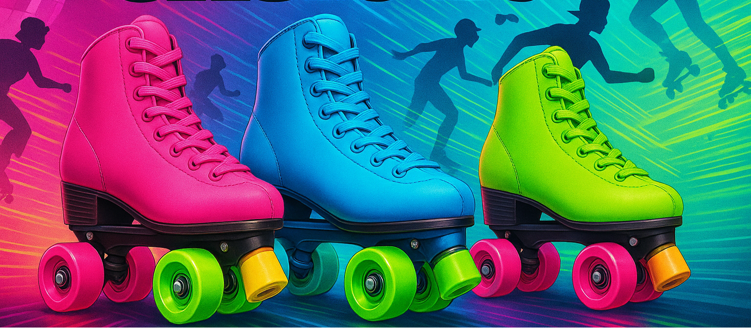 Colorful roller skates with 'Sk8letic' branding on a vibrant background